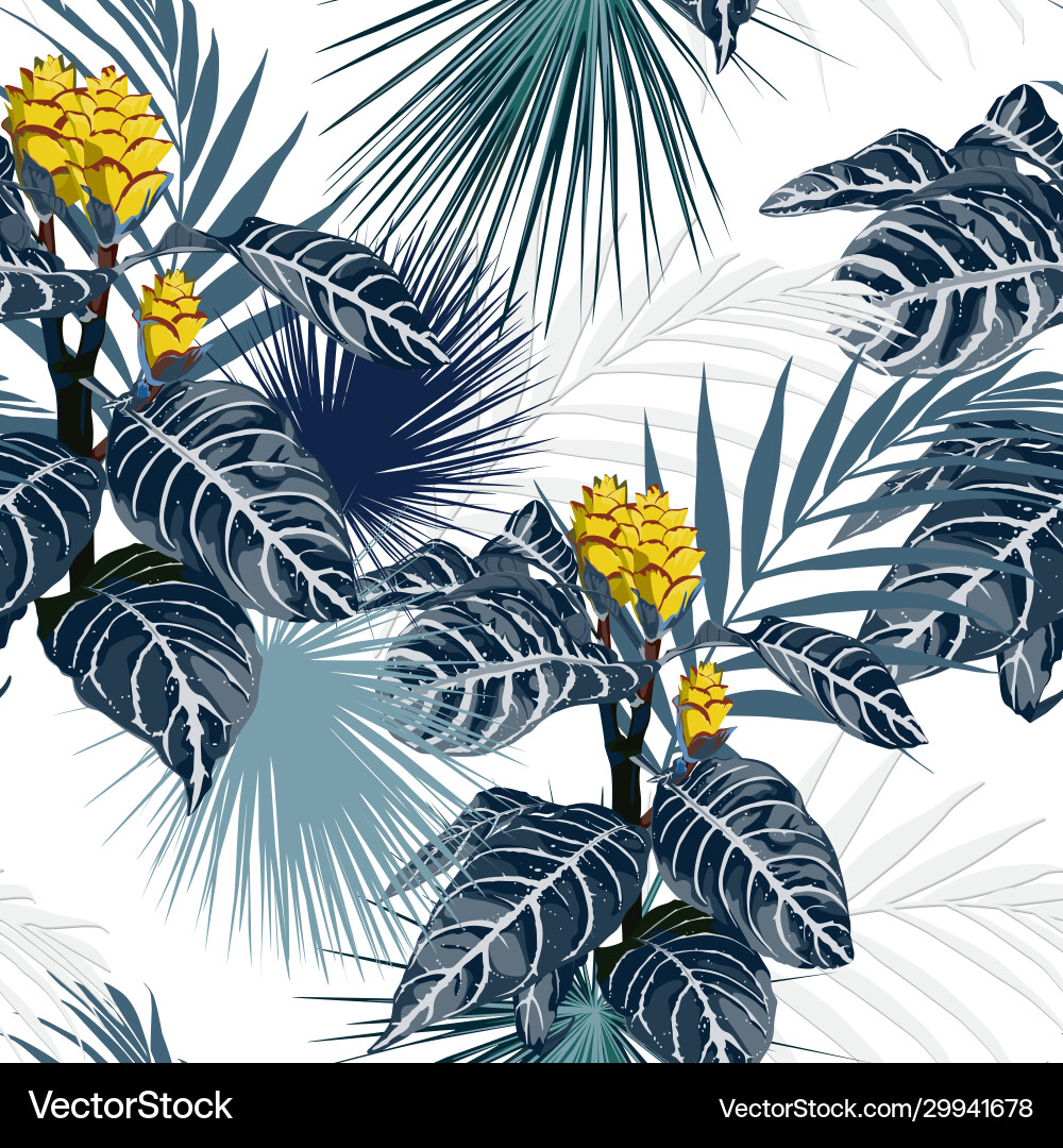 Yellow tropical flowers and plants blue background vector image