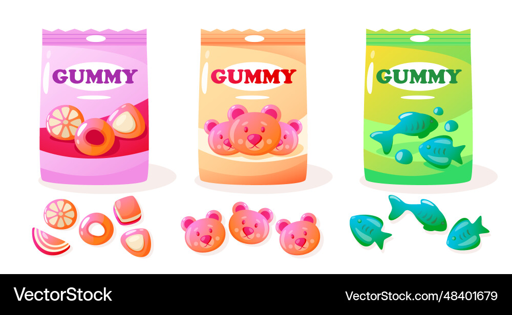 Jelly gum pack cartoon colorful sweet gummy bears Jelly gum pack cartoon colorful sweet gummy bears vector image