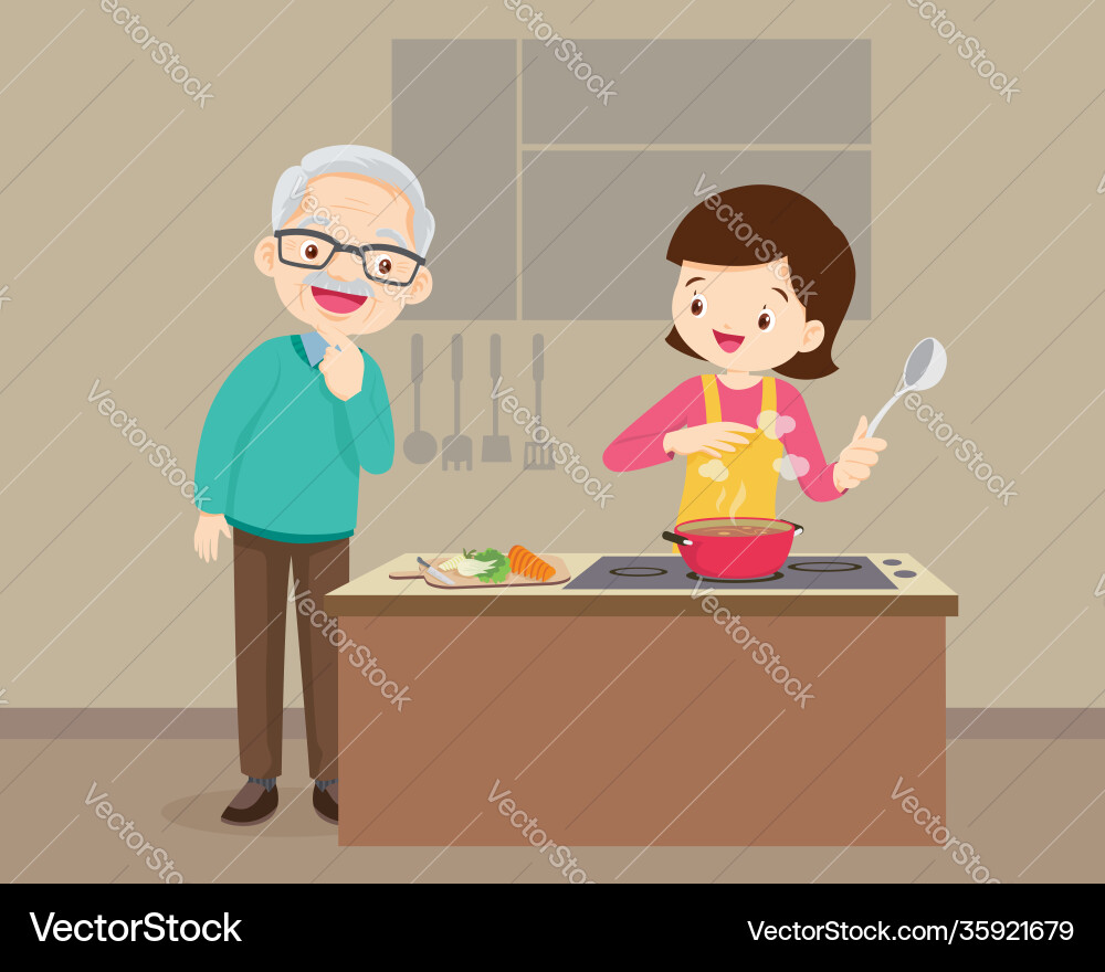 Älter Mann auf der Suche nach Frau Kochen in der Küche Älter Mann auf der Suche nach Frau Kochen in der Küche vektorbild