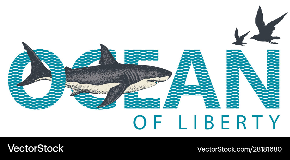 Lettering ocean with sailing ship whale Royalty Free Vector