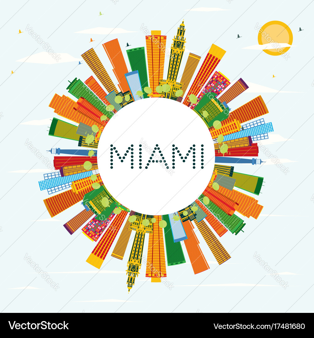 Miami skyline with color buildings blue sky Vector Image
