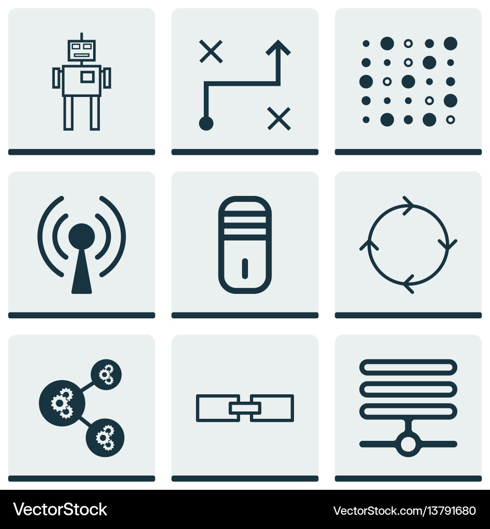 Set of 9 robotics icons includes radio waves vector image