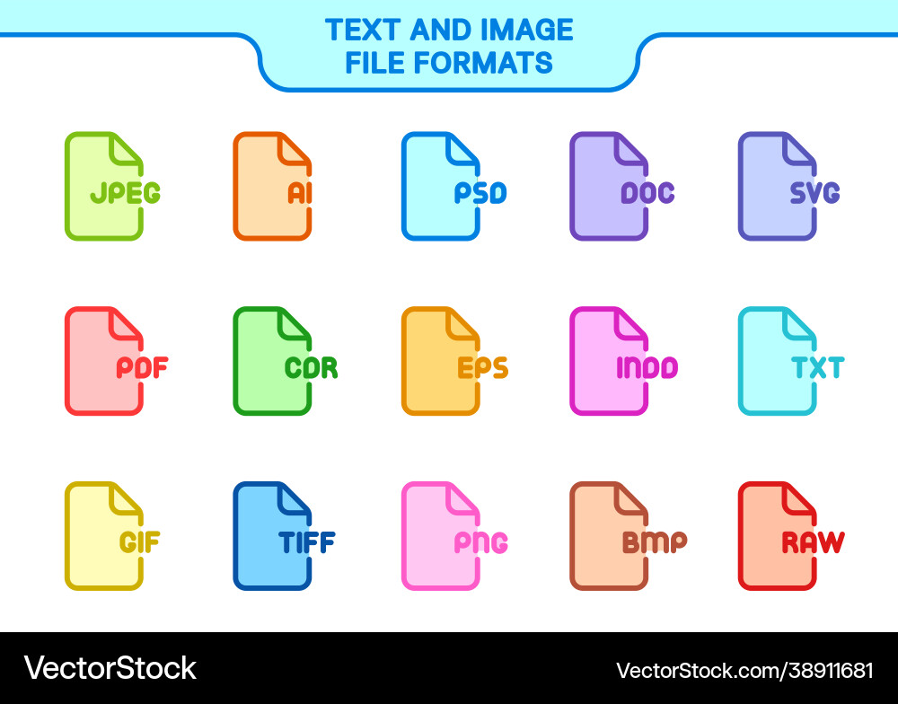 Icon set text and image file formats line color Icon set text and image file formats line color vector image