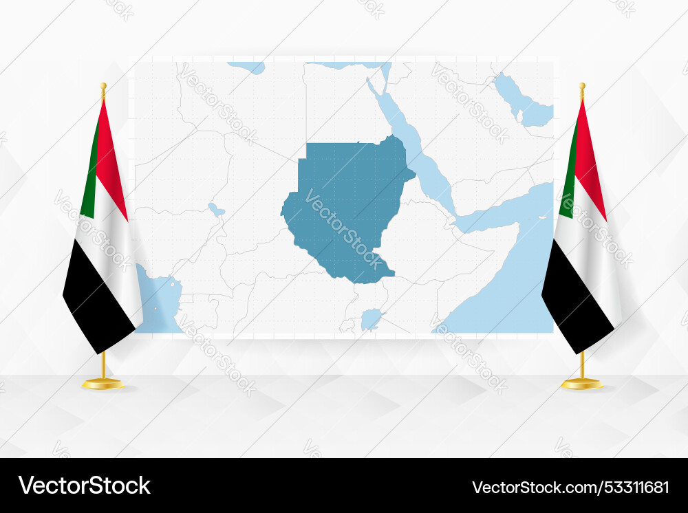 Map of sudan and flags on flag stand vector image