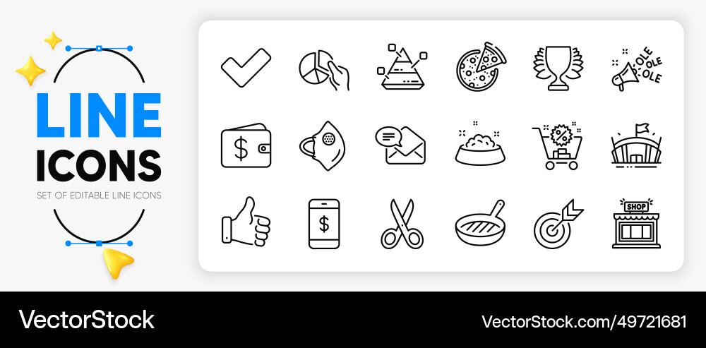 Pizza tick and pyramid chart line icons for web Vector Image