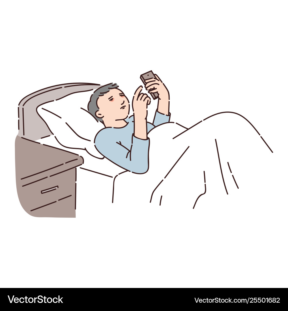 Man Struggling with Insomnia and Smartphone Use Vector Image