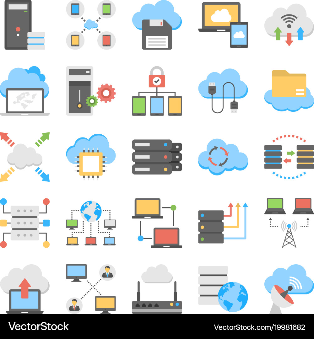 Web hosting and cloud technology flat set vector image