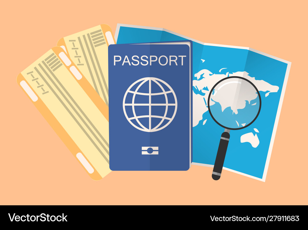 Passport plane tickets and open map vector image