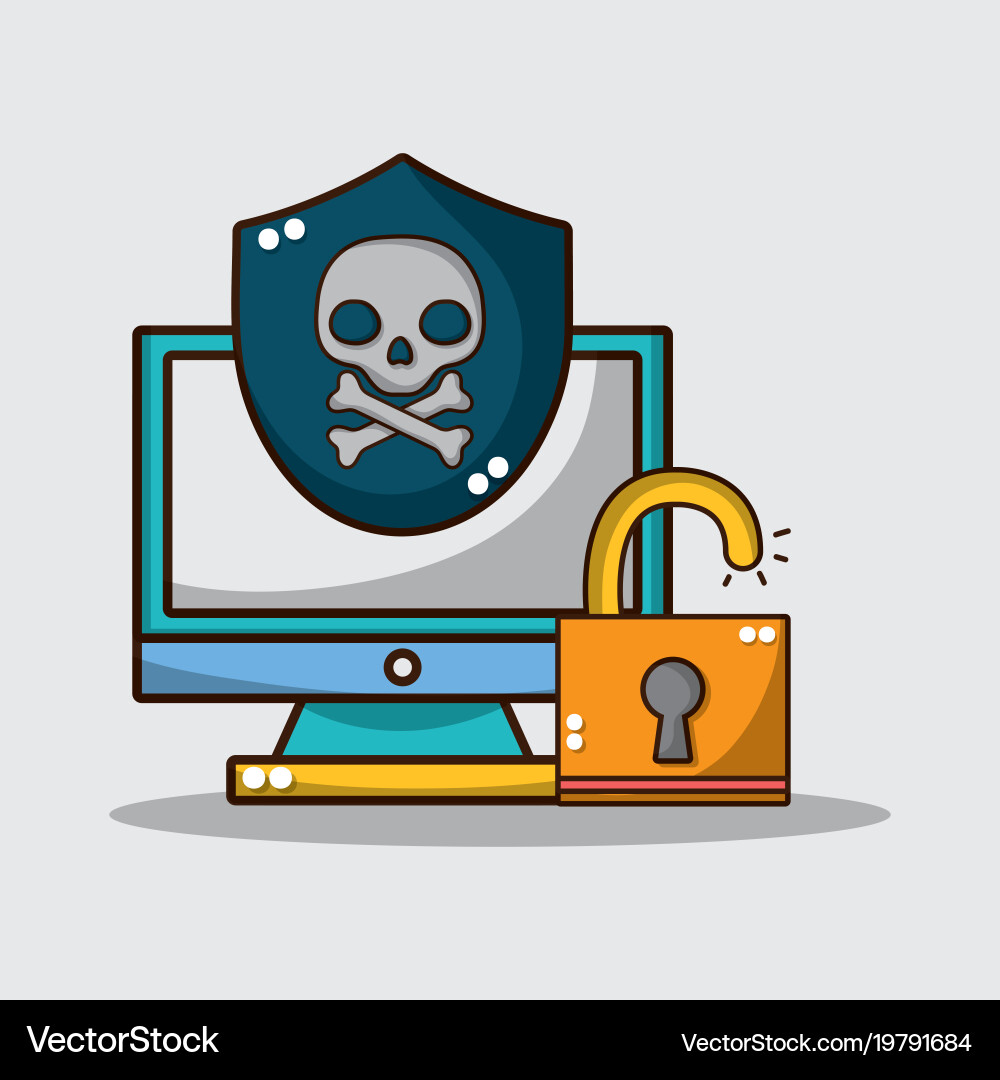 Computer skull warning and paslock security Vector Image