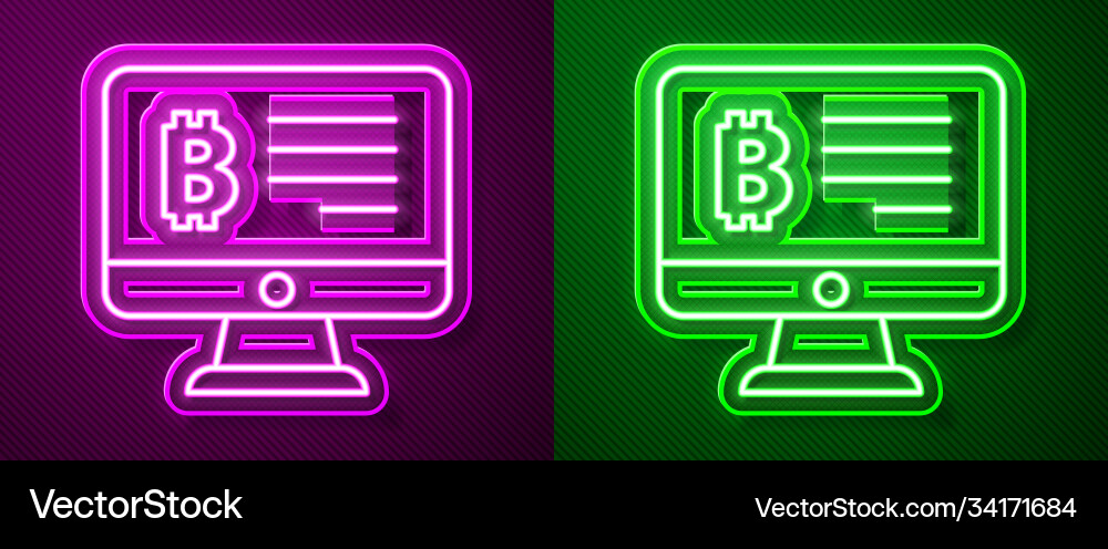 Glowing neon line mining bitcoin from monitor icon Glowing neon line mining bitcoin from monitor icon Vector Image