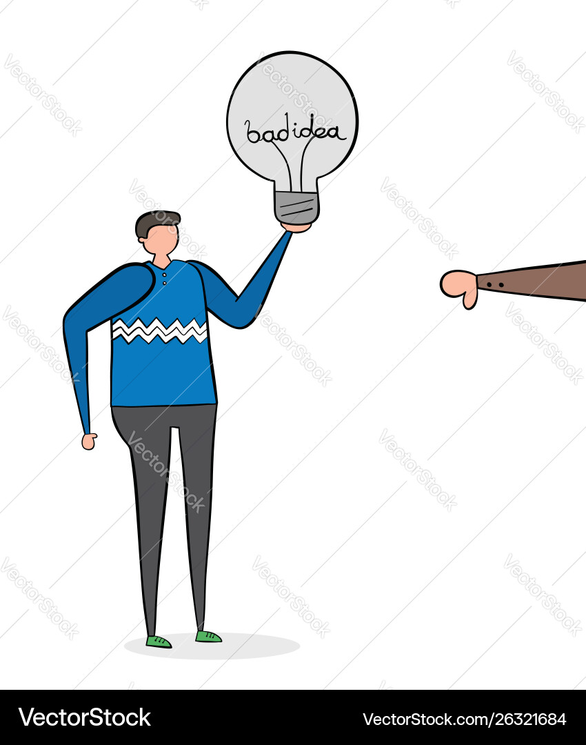 Man with bad idea light bulb and rejected Man with bad idea light bulb and rejected Vector Image
