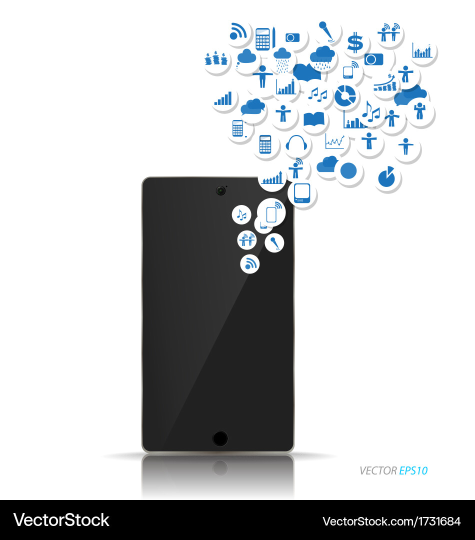 Touchscreen device with cloud of colorful vector image