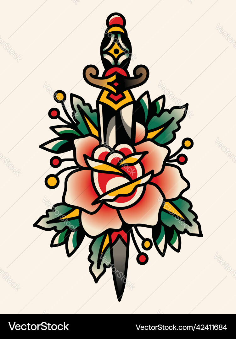 Traditionelle Tattoo Flash Rose mit Messer Traditionelle Tattoo Flash Rose mit Messer vektorbild