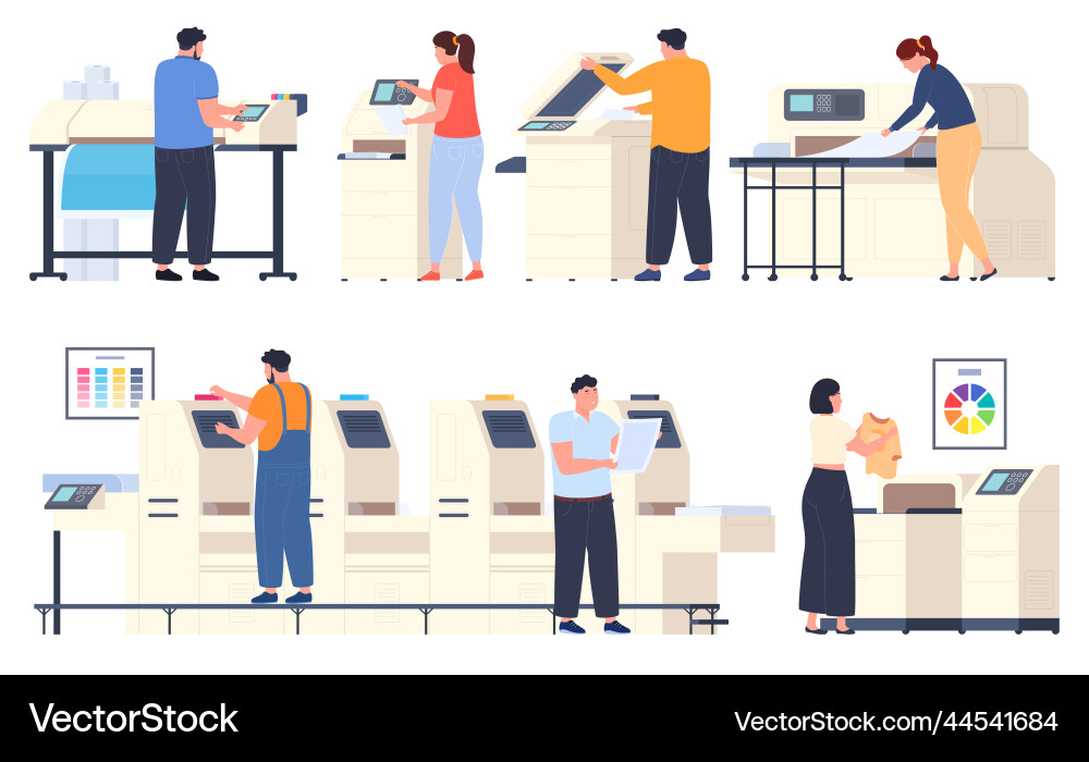 Workers with printing machines and copiers Workers with printing machines and copiers vector image