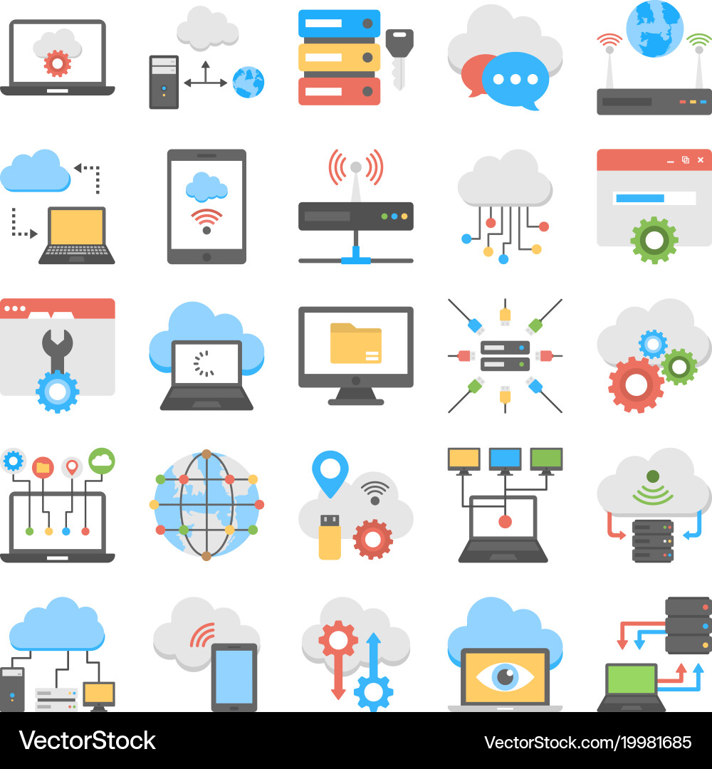 Collection of cloud computing and web hosting flat vector image