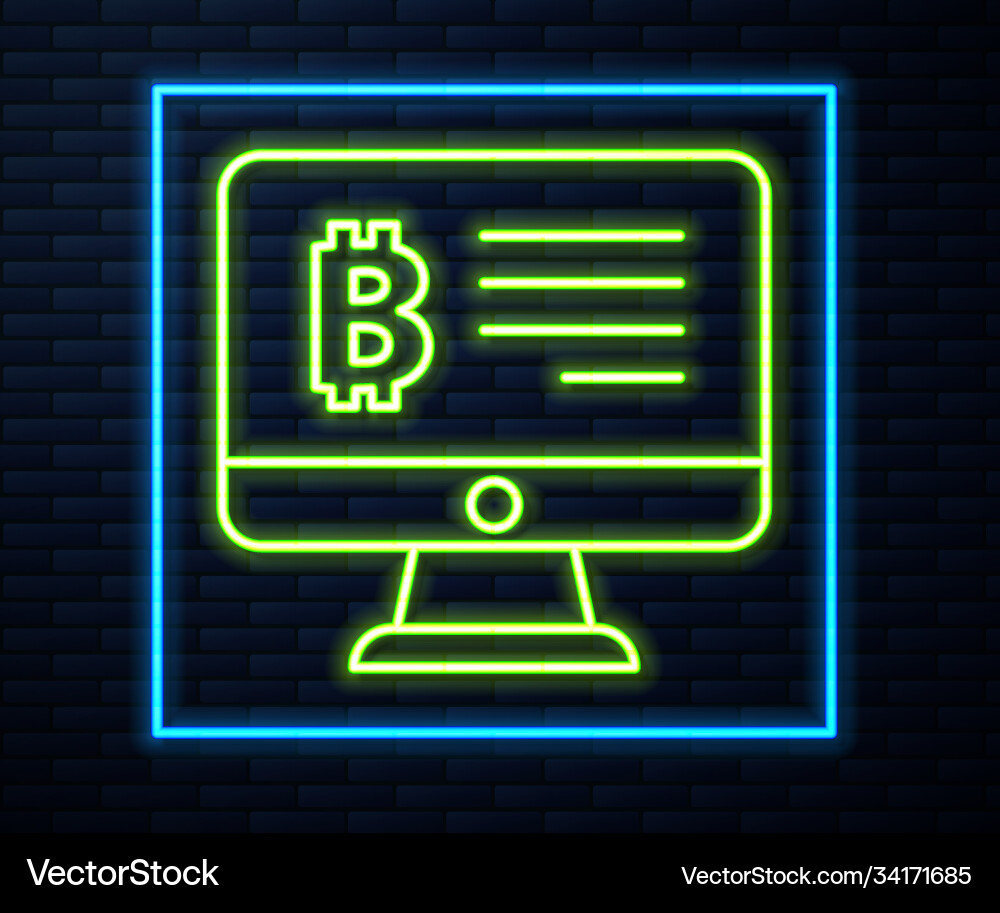 Glowing neon line mining bitcoin from monitor icon Glowing neon line mining bitcoin from monitor icon vector image