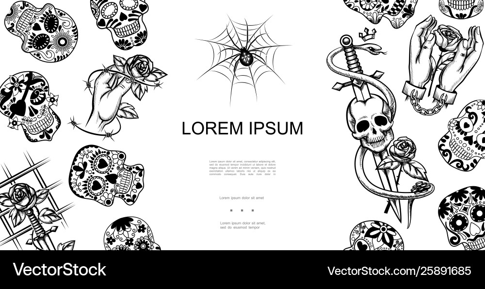 Monochrome hand drawn tattoo symbols template vector image