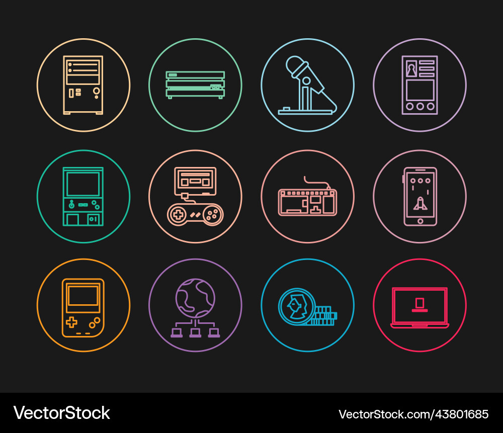 Set line laptop mobile and playing in game Vector Image
