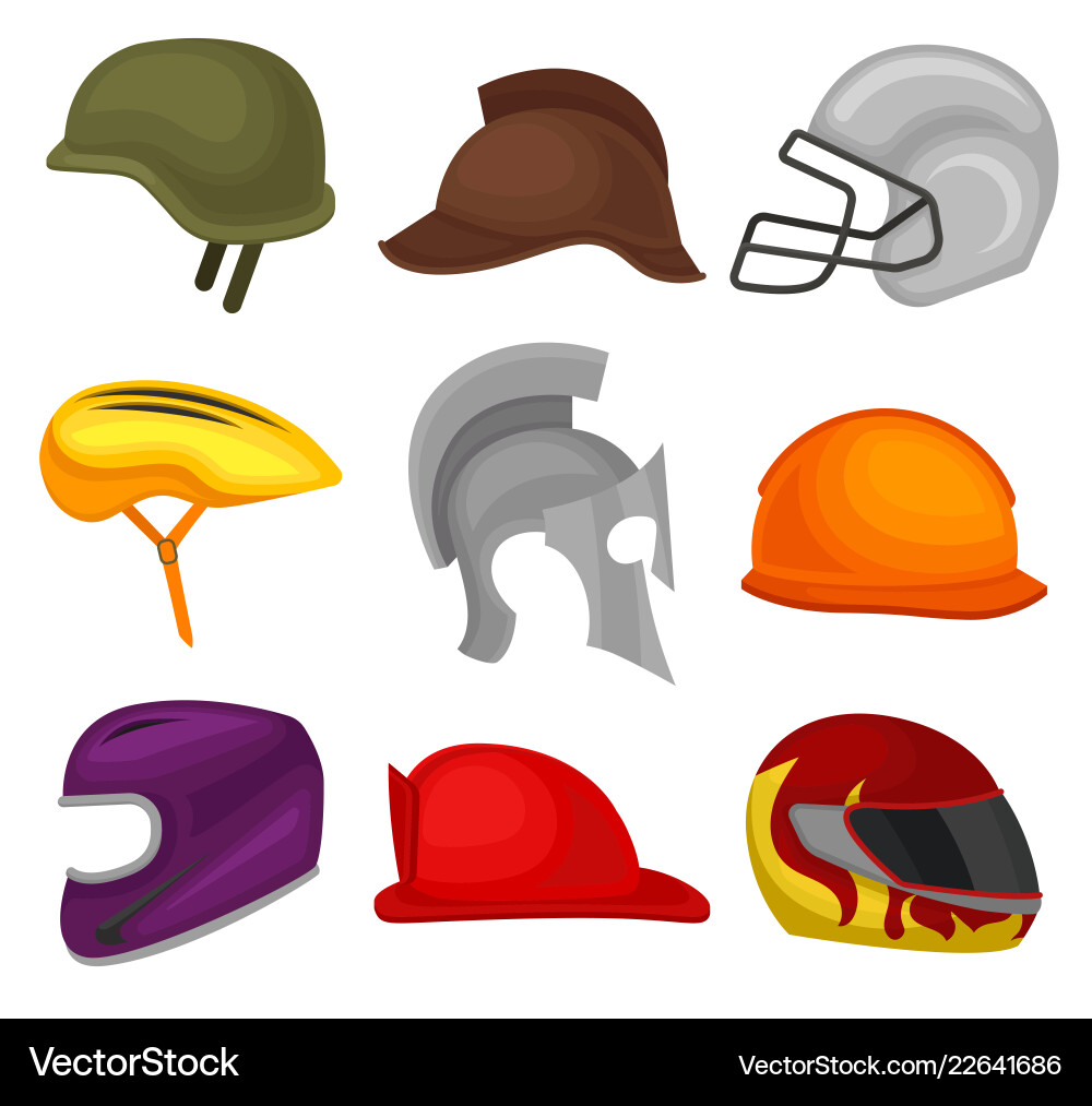 Flaches Set von 9 Helmen Schutzkopf Flaches Set von 9 Helmen Schutzkopf vektorbild