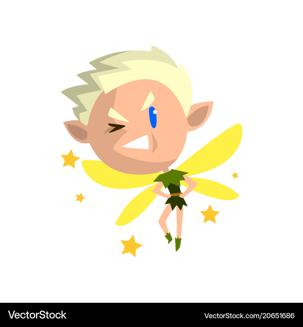 Kleine geflügelte blonde Elf Junge winking niedlich Kleine geflügelte blonde Elf Junge winking niedlich vektorbild
