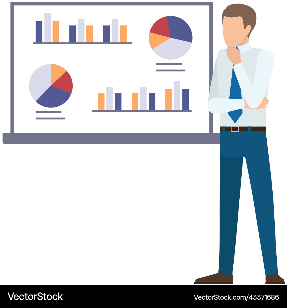 Man analyses digital report with data statistical Man analyses digital report with data statistical vector image