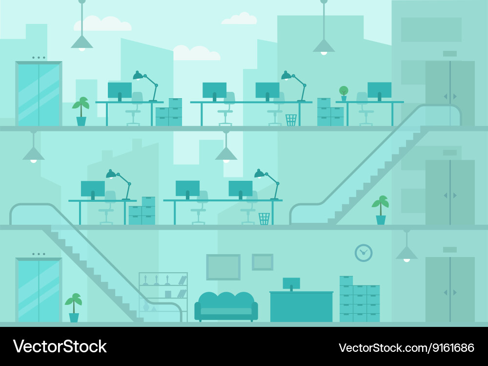 Office workplace tables monitors with view from Vector Image