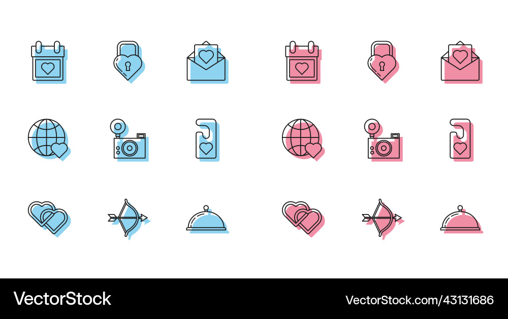 Set line two linked hearts bow and arrow Set line two linked hearts bow and arrow Vector Image