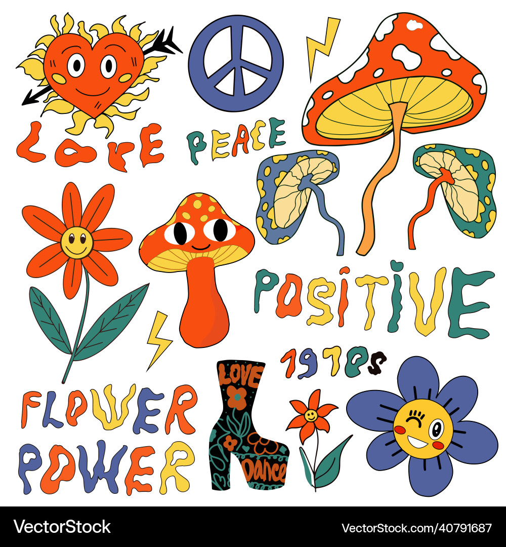 Retro 70s Flower Power Stickers Vector Image