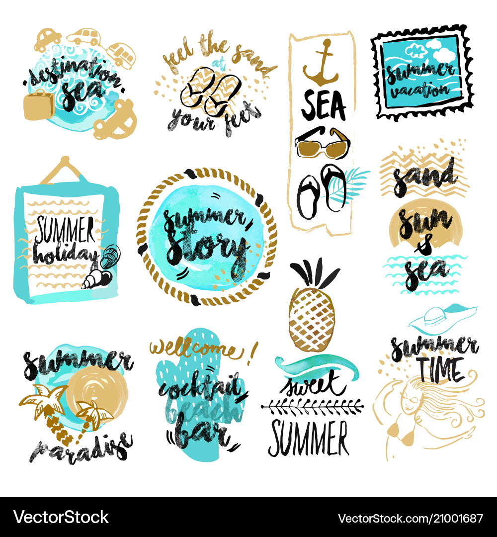 Set of hand drawn watercolor signs summer Set of hand drawn watercolor signs summer vector image