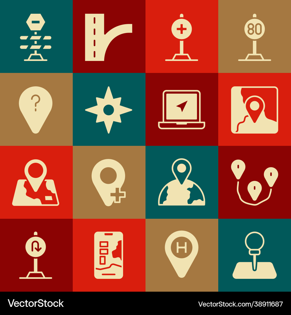Set push pin route location folded map vector image