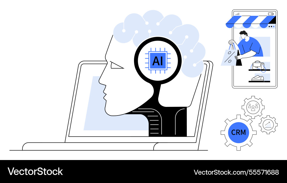 Artificial intelligence integrating with crm and e Artificial intelligence integrating with crm and e Vector Image