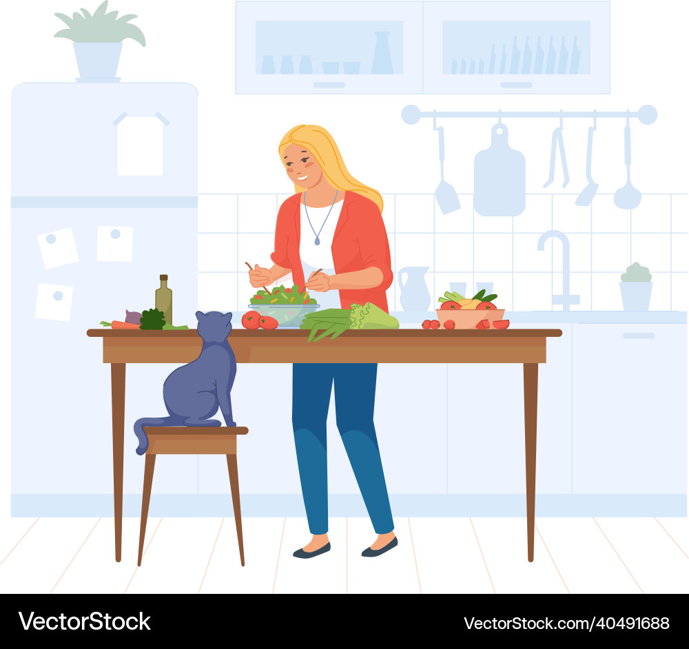 Frau Kochen Salat Hausfrau Koch essen zu Hause Frau Kochen Salat Hausfrau Koch essen zu Hause vektorbild