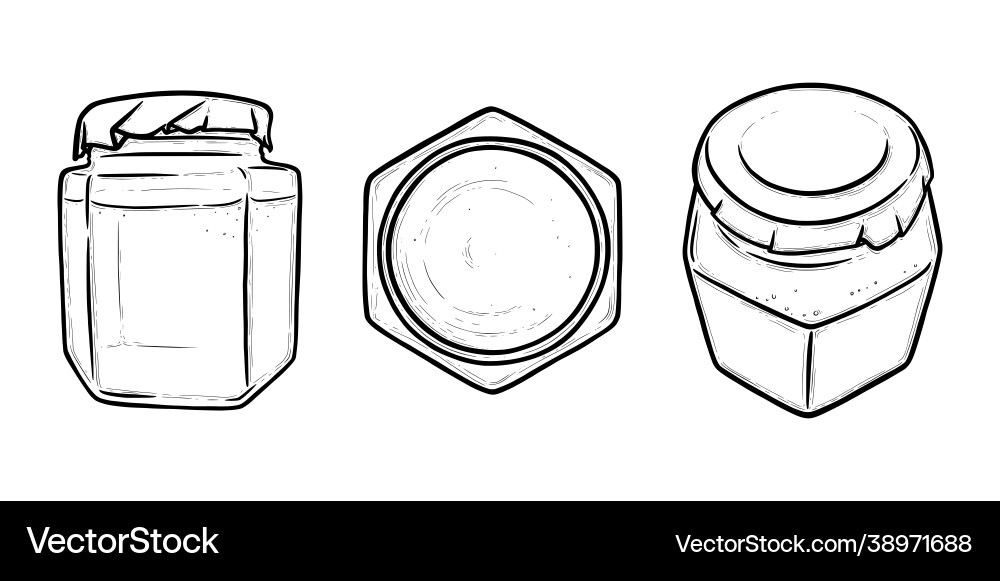 Glass jar front and top view hexagonal Glass jar front and top view hexagonal Vector Image