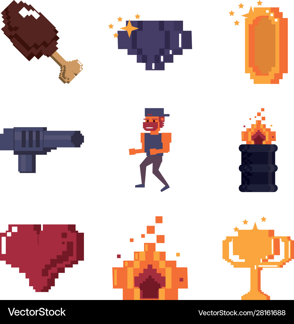 Set video game pixelated characters and street Set video game pixelated characters and street vector image