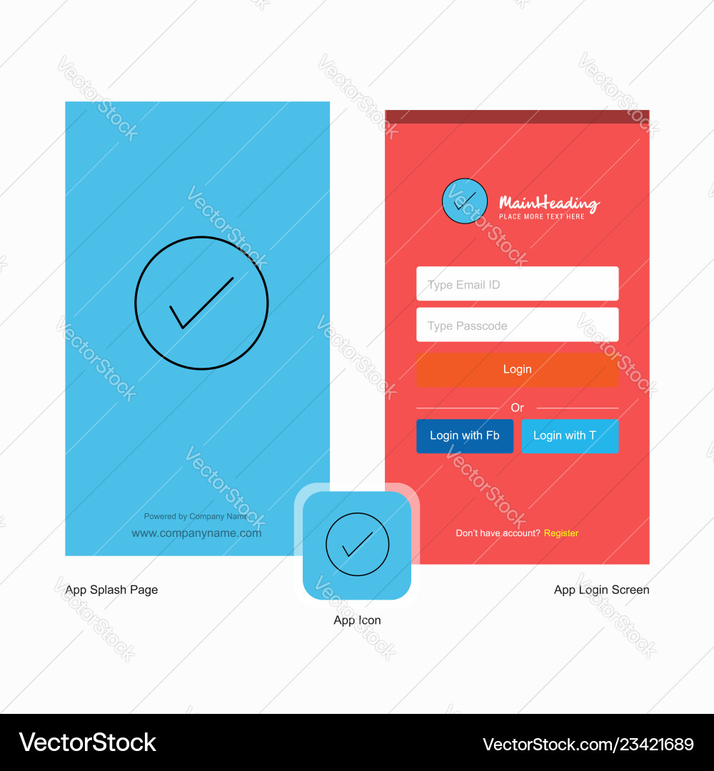 Company tick splash screen and login page design Company tick splash screen and login page design vector image