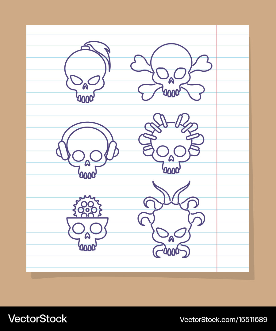 Cute line skulls on notebook page vector image