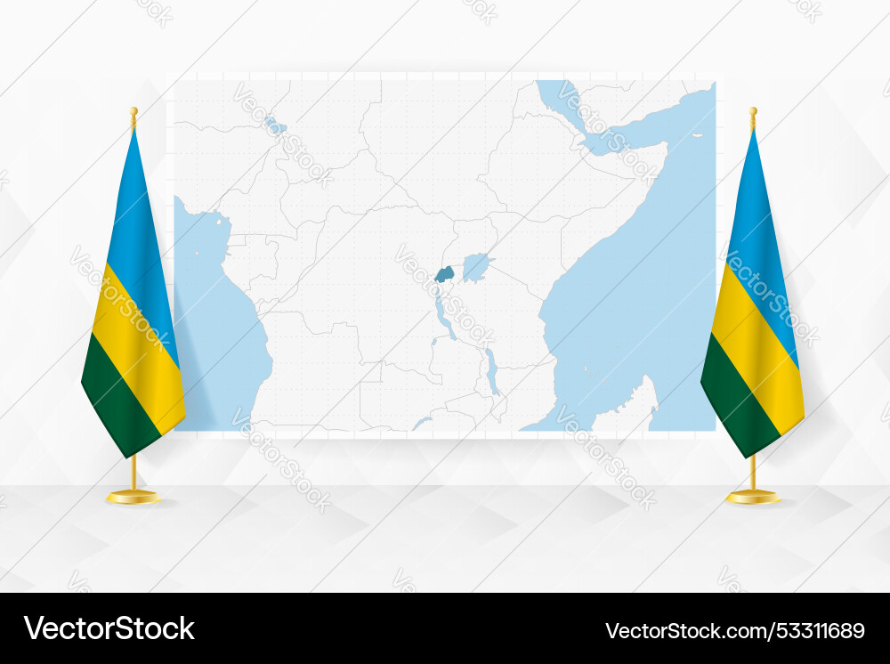 Map of rwanda and flags on flag stand vector image