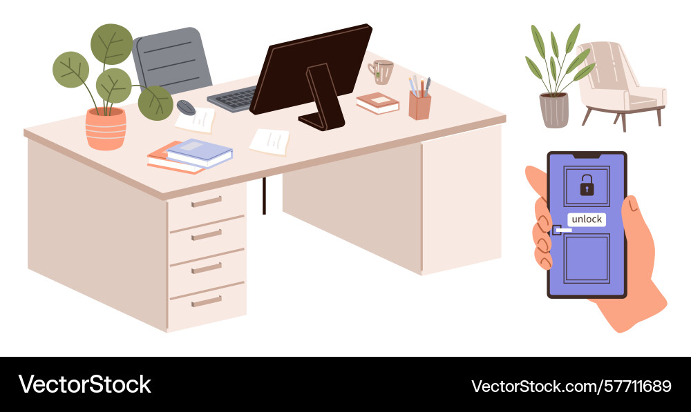 Modern workspace with desk computer and hand Vector Image