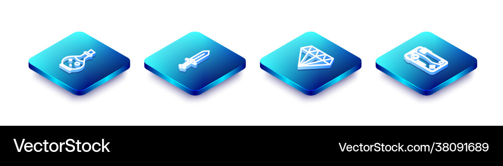 Set isometric line bottle with magic elixir sword Vector Image