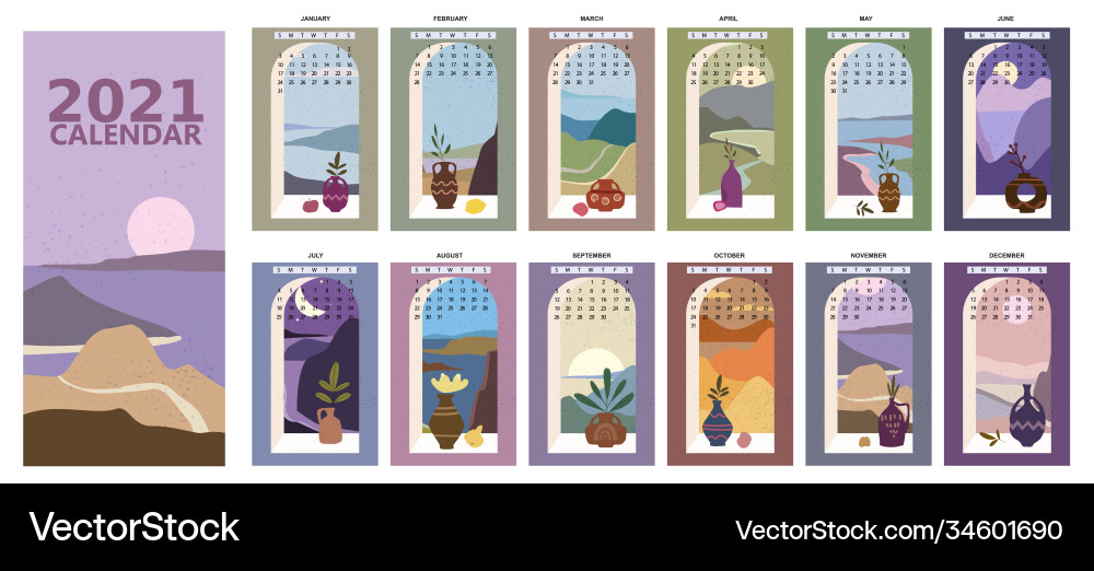 2021 calendar minimalistic window view landscape 2021 calendar minimalistic window view landscape vector image