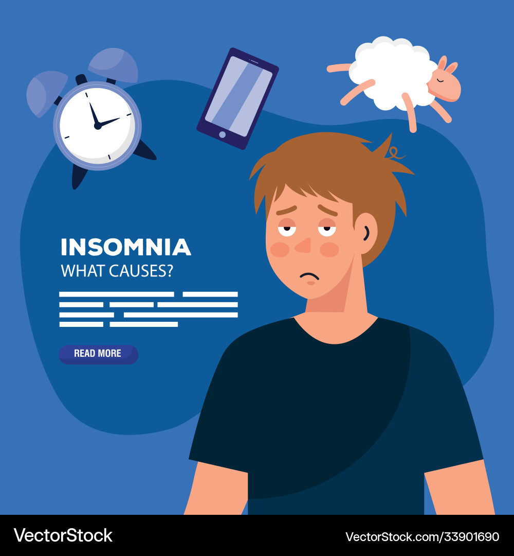 Man with insomnia clock smartphone and sheep Man with insomnia clock smartphone and sheep Vector Image