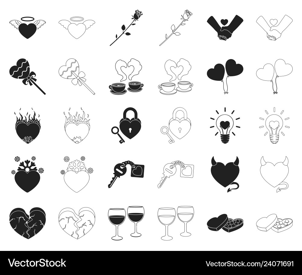 Romantic relationship blackoutline icons in set Romantic relationship blackoutline icons in set Vector Image