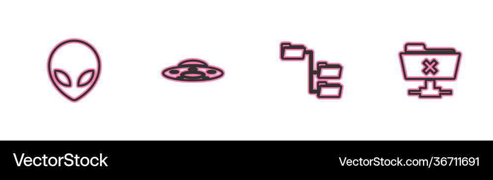 Set line alien folder tree ufo flying spaceship Set line alien folder tree ufo flying spaceship vector image