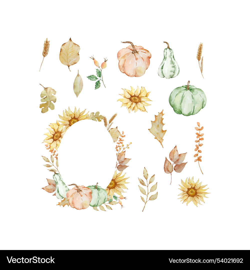 Watercolor autumn frame with pumpkin sunflowers Watercolor autumn frame with pumpkin sunflowers Vector Image