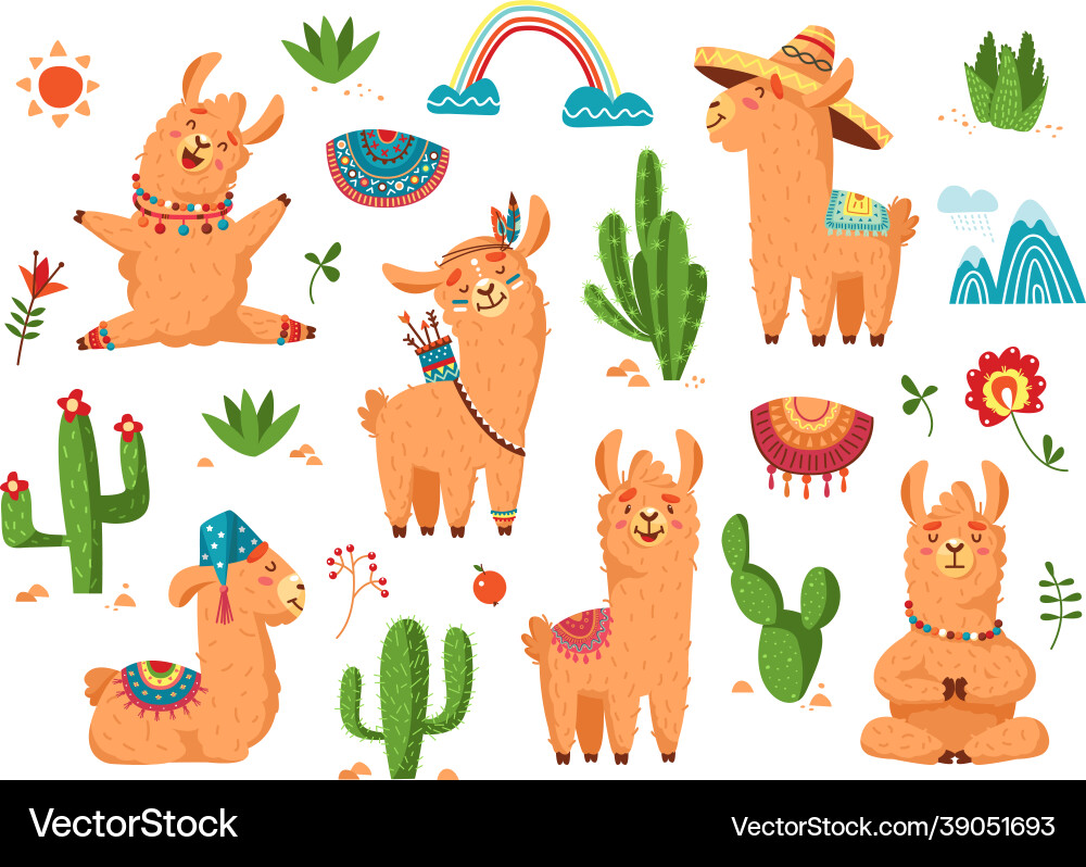 Cute Llama with Cactus Vector Image