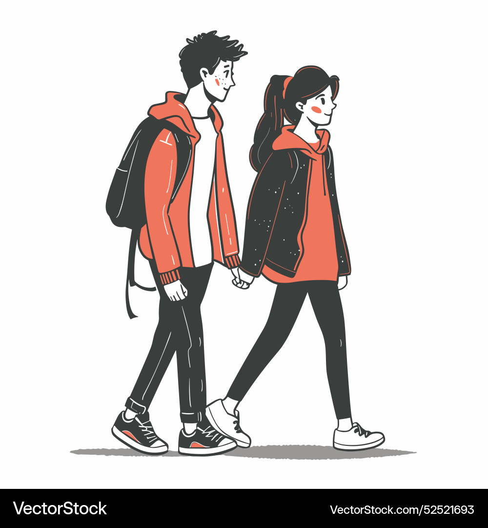 Teenage couple walking holding hands wearing Teenage couple walking holding hands wearing vector image