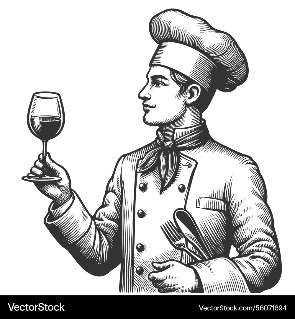 Chef holding wine glass in elegant pose Chef holding wine glass in elegant pose vector image