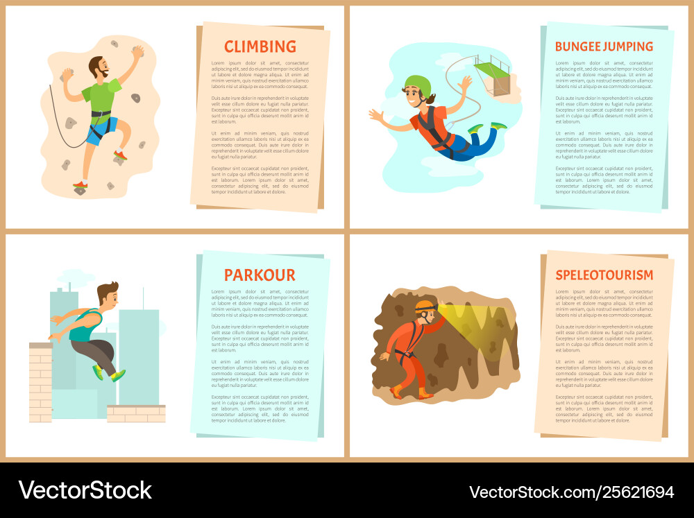 Climbing and bungee jumping parkour posters set Climbing and bungee jumping parkour posters set vector image