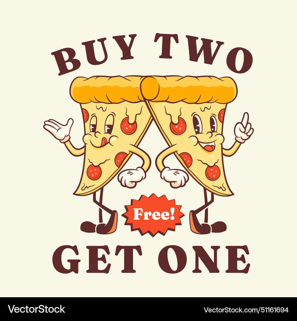 Groovy pizza retro character cartoon food slice Groovy pizza retro character cartoon food slice vector image