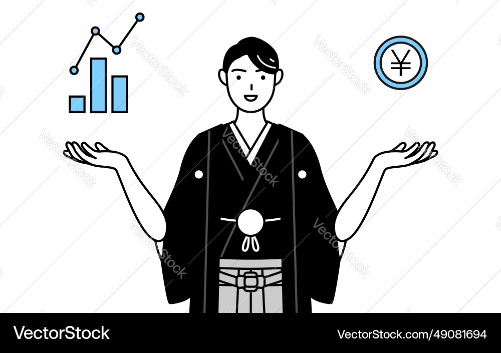 Man wearing hakama with crest guiding an image Man wearing hakama with crest guiding an image Vector Image
